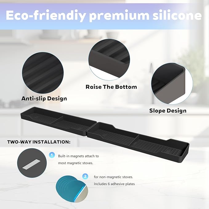 30 Inch Magnetic Silicone Stove Top Shelf,Heat Resistant Over The Stove Spice Rack for Kitchen,Space Saving Organizer Back of Stove,Includes 6 Additional Sticky Boards(Black,30''x3.8'')