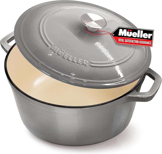 MUELLER HOME 7.5 QT Enameled Cast Iron Dutch Oven, Heavy-Duty, Oven-Safe up to 500° F & Across All Cooktops, Casserole Dish and Braiser Pan with Lid and Stainless Knob, Grey