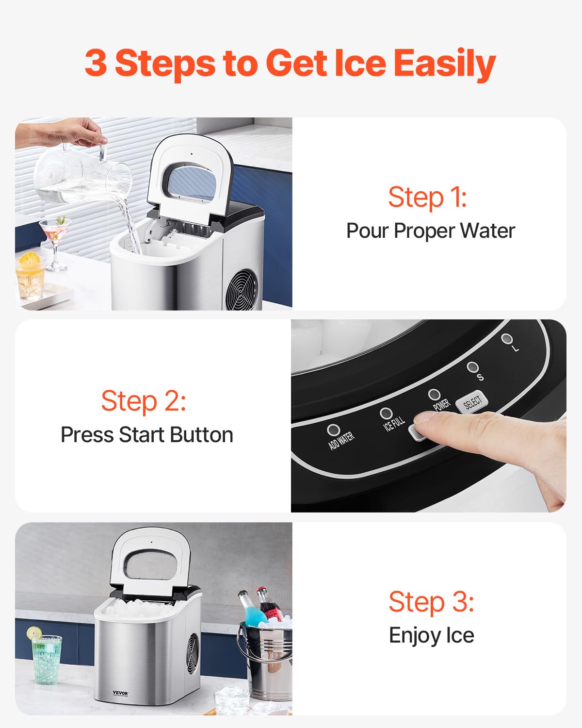VEVOR Countertop Ice Maker, 9 Cubes Ready in 6 Mins, 33lbs in 24Hrs, Self-Cleaning Portable Ice Maker with Ice Scoop and Basket, Ice Machine with 2 Sizes Bullet Ice for Home Kitchen Office Bar Party