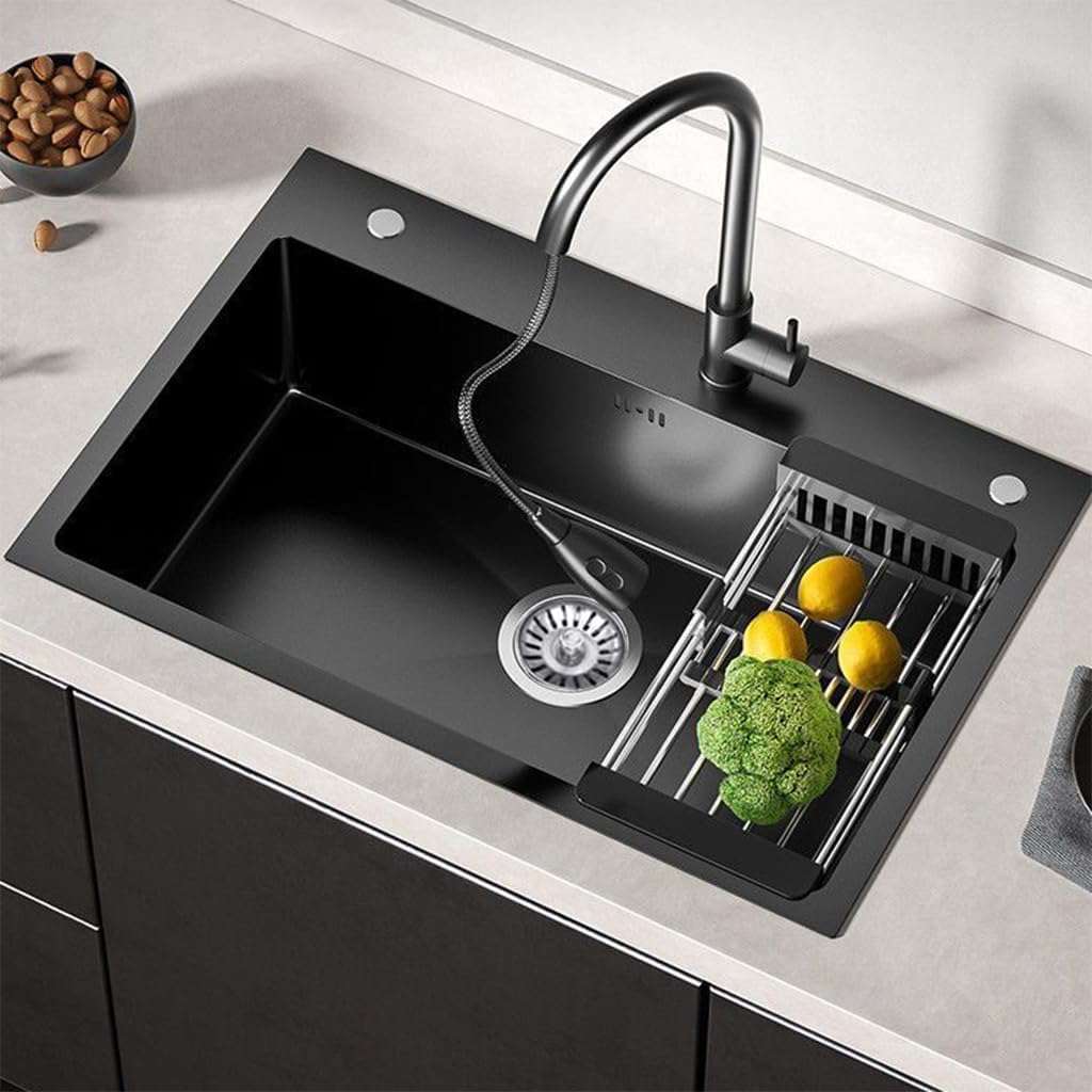 Black Drop in Kitchen Sink, Stainless Steel Single Bowl Sink with 3 Holes, Topmount Workstation Sink, Farmhouse Rectangle Basin with Multiple Accessories (23.6 * 17.7 * 7.9in)