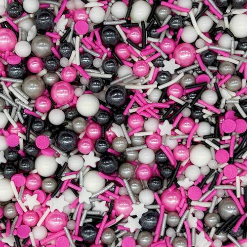Silver & Black & Pink & White Sprinkles Mix Size Pearls Mouse Rock Themed Cake Decorations Cupcake Toppers Perfect for Wedding Valentine Supplies 4.58OZ (4.58 Ounce)