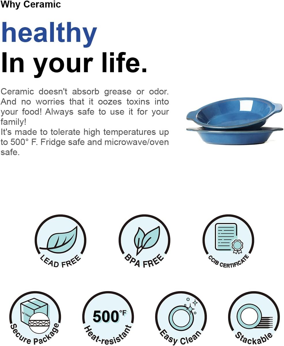 LE TAUCI Ceramic Pie Pans, 9 inch Baking Plates with Handles, Deep Pie Dish for Apple Pie, Pecan Pie, 36 Ounce - Set of 2, Ceylon Blue - Culinary Roots