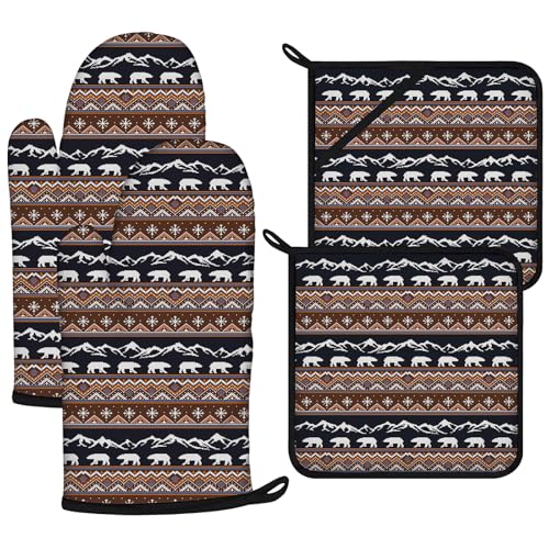 Bear Mountain Oven Mitts and Vintage Rustic Pot Holders Sets 4Pcs