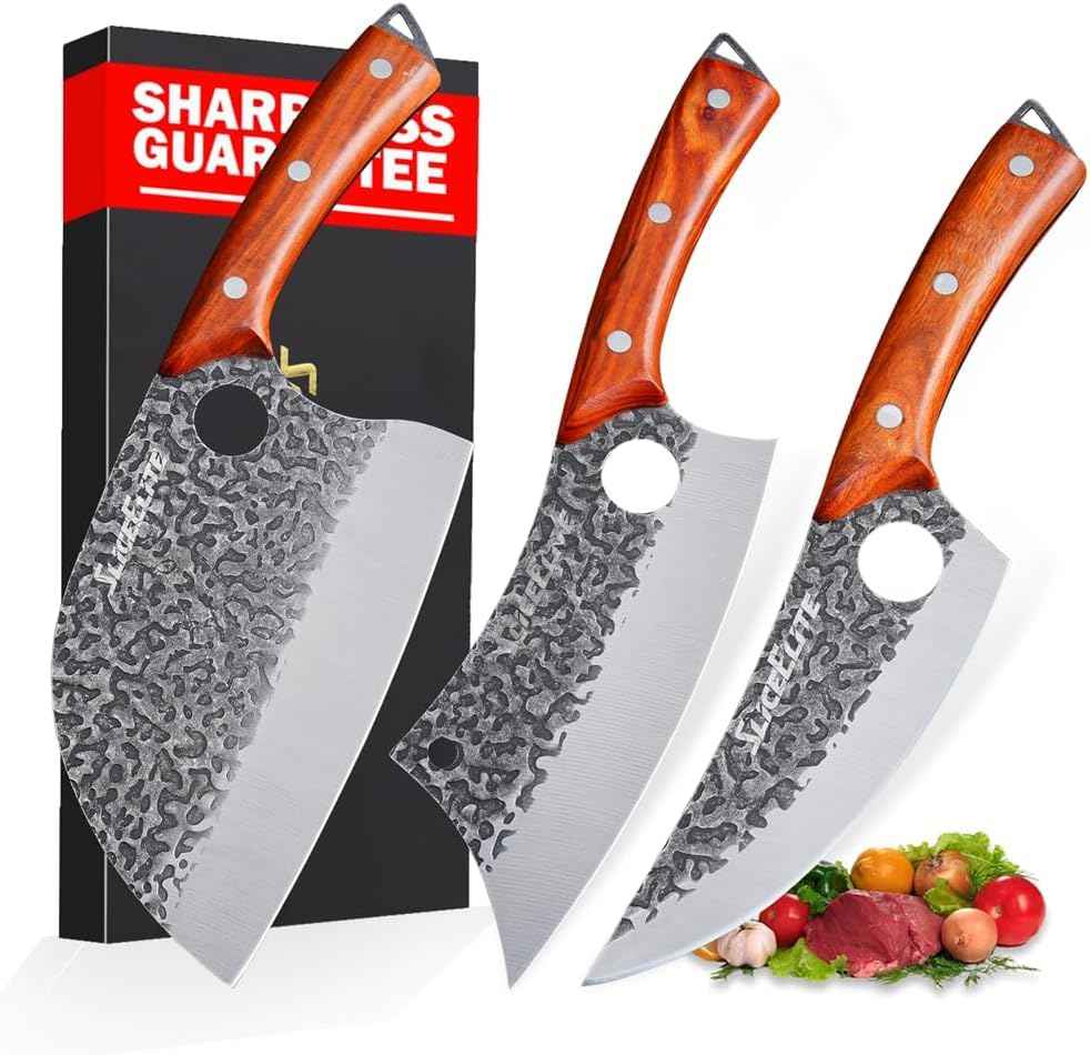 3 Piece BBQ Knife Set Serbian Chef Knife Meat Cleaver Viking Kitchen Knives (3 Count)