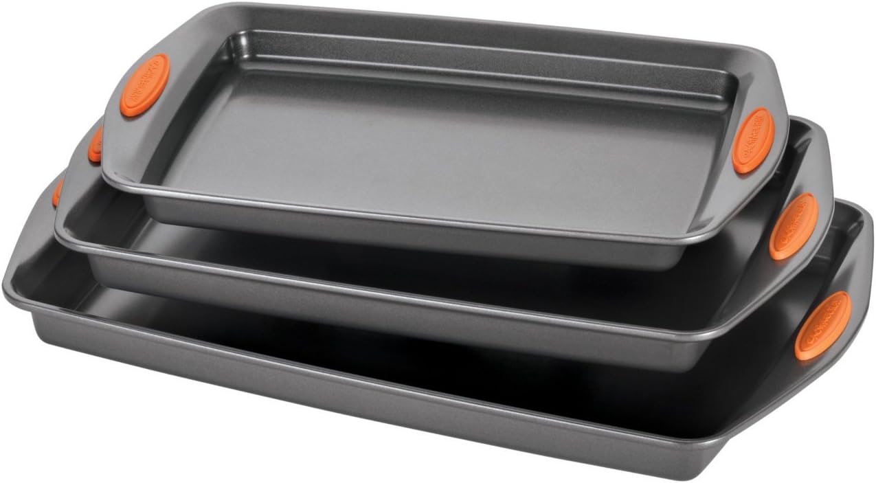 Rachael Ray Nonstick Bakeware Set with Grips, Nonstick Cookie Sheets / Baking Sheets - 3 Piece, Gray with Orange Grips - Culinary Roots