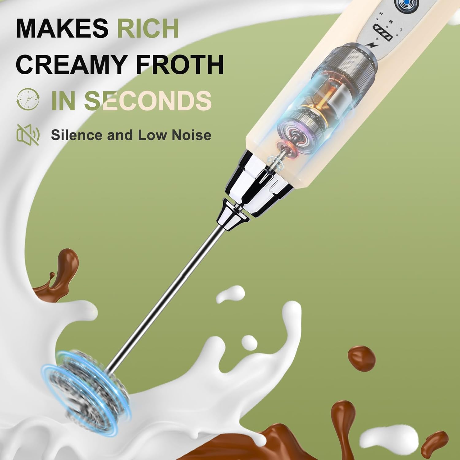 YUSWKO Beige Handheld Milk Frother Wand with Stand for Coffee, Rechargeable Electric Whisk with 3 Heads 3 Speeds Drink Mixer Coffee Frother For Latte, Cappuccino, Hot Chocolate, Egg - Culinary Roots