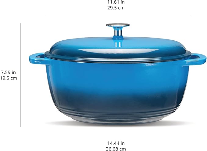 Amazon Basics Enameled Cast Iron Dutch Oven Pot with Lid, Oven Safe, Heavy-Duty, Dual Handles for Roasting and Stews, 7.3-Quart, Blue