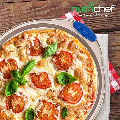 13-Inch Non-Stick Pizza Tray with Silicone Handle - Perforated Round Steel Pan, Dishwasher Safe - 2 Pack - Champagne Gold