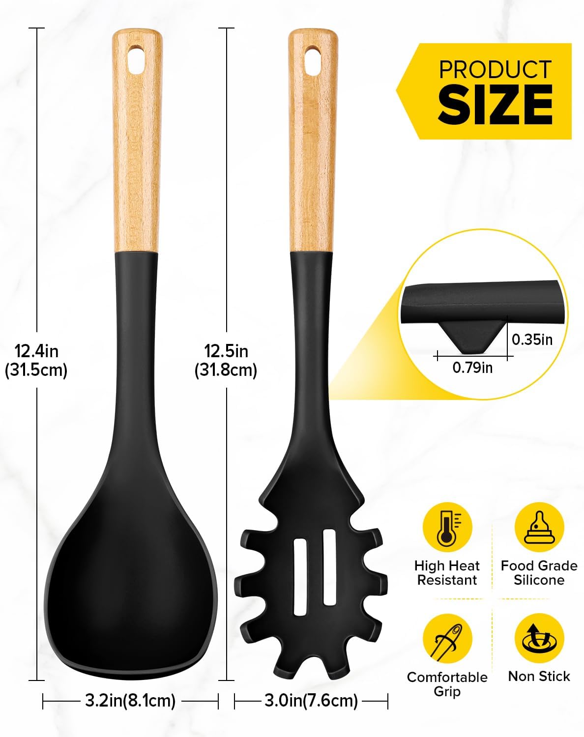 Silicone Soup Ladle and Spaghetti Spoon Set with Wooden Handle, Non Stick Heat Resistant Kitchen Utensils for Cooking, Stirring, Serving Pasta, Soup & Sauce(BLACK) - Culinary Roots