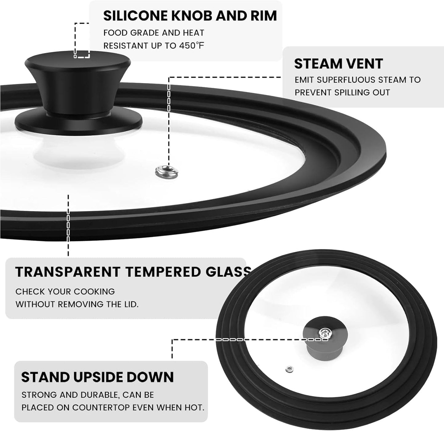Universal Lid for Pots, Pans and Skillets, Tempered Glass Lid fit 7", 8", 9" & 10" 11" 12" Skillets, Pots, Frying Pans, Cast Iron, Crock Pot and Other Glass Covers Replacement