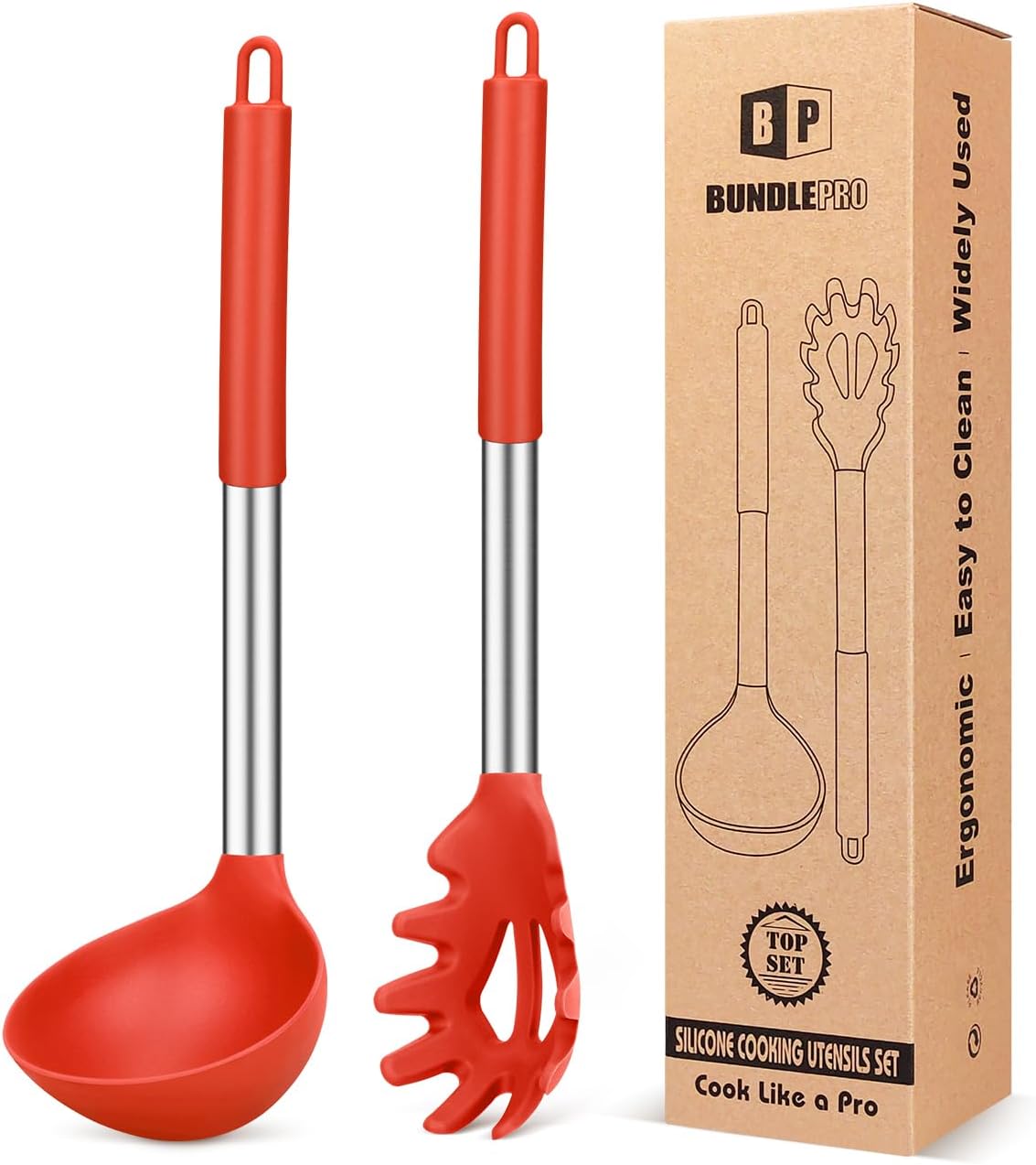 Silicone Pasta Fork and Ladle Spoon Set, Large Non Stick Kitchen Utensils for Cooking,Stirring,Serving Spaghetti, Soup, Sauce (RED) - Culinary Roots