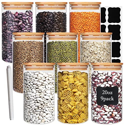 9 Pack 20 oz Glass Jars with Airtight Bamboo Lids for Kitchen (9 Count)