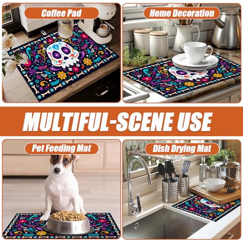 Sugar Skull Dish Drying Mat for Kitchen Counter Microfiber Absorbent Dish Day of the Dead Kitchen Drying Mat Draining Reusable Washable for Dishes