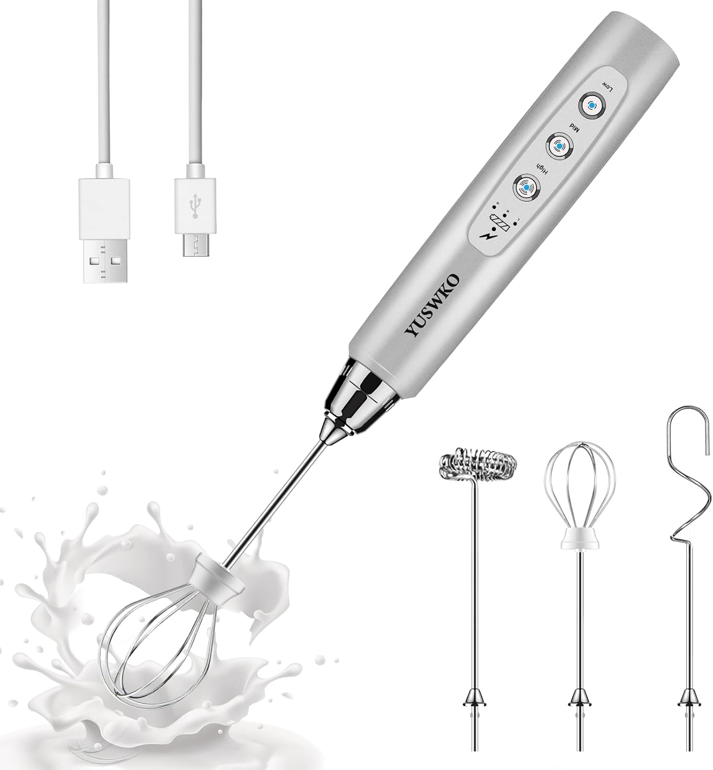 YUSWKO Rechargeable Milk Frother Handheld with 3 Heads, Silver Coffee Electric Whisk Drink Foam Mixer, Mini Hand Stirrer with 3 Speeds Adjustable for Latte, Cappuccino, Hot Chocolate, Egg - Culinary Roots