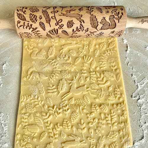FOREST ANIMALS Embossing Rolling Pin. Laser Engraved Dough Roller for Embossed Cookies Fondant or Pottery by Algis Crafts
