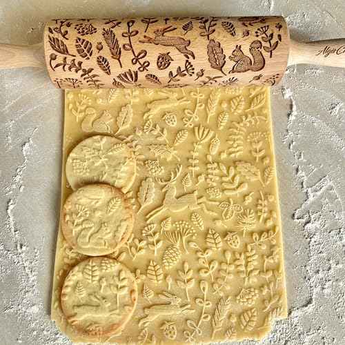 FOREST ANIMALS Embossing Rolling Pin. Laser Engraved Dough Roller for Embossed Cookies Fondant or Pottery by Algis Crafts