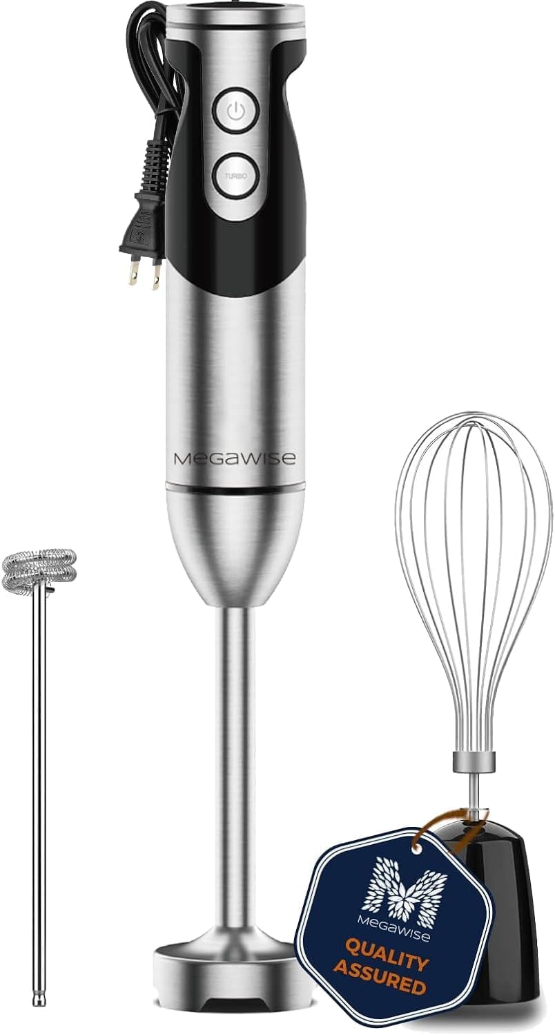 MegaWise Pro Titanium Reinforced 3-in-1 Immersion Hand Blender, Powerful Copper Motor with 80% Sharper Blades, 12-Speed Corded Blender, Including Dish Washer Safe Whisk and Milk Frother - Culinary Roots