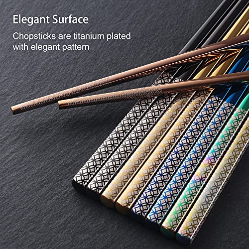 Metal Chopsticks Reusable Multicolor Stainless Steel Chopsticks Dishwasher Safe Chop Sticks Laser Engraved Copper Coin Pattern Square Non