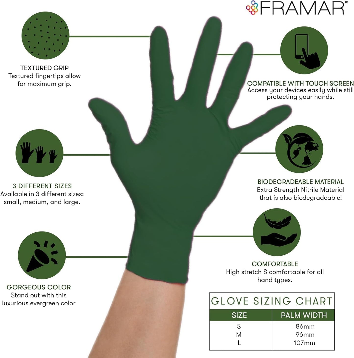 FRAMAR Green Gloves Disposable Latex Free – Powder Free Nitrile Gloves Small, Disposable Rubber Glove Small Nitrile Biodegradable Glove – 100 Pk