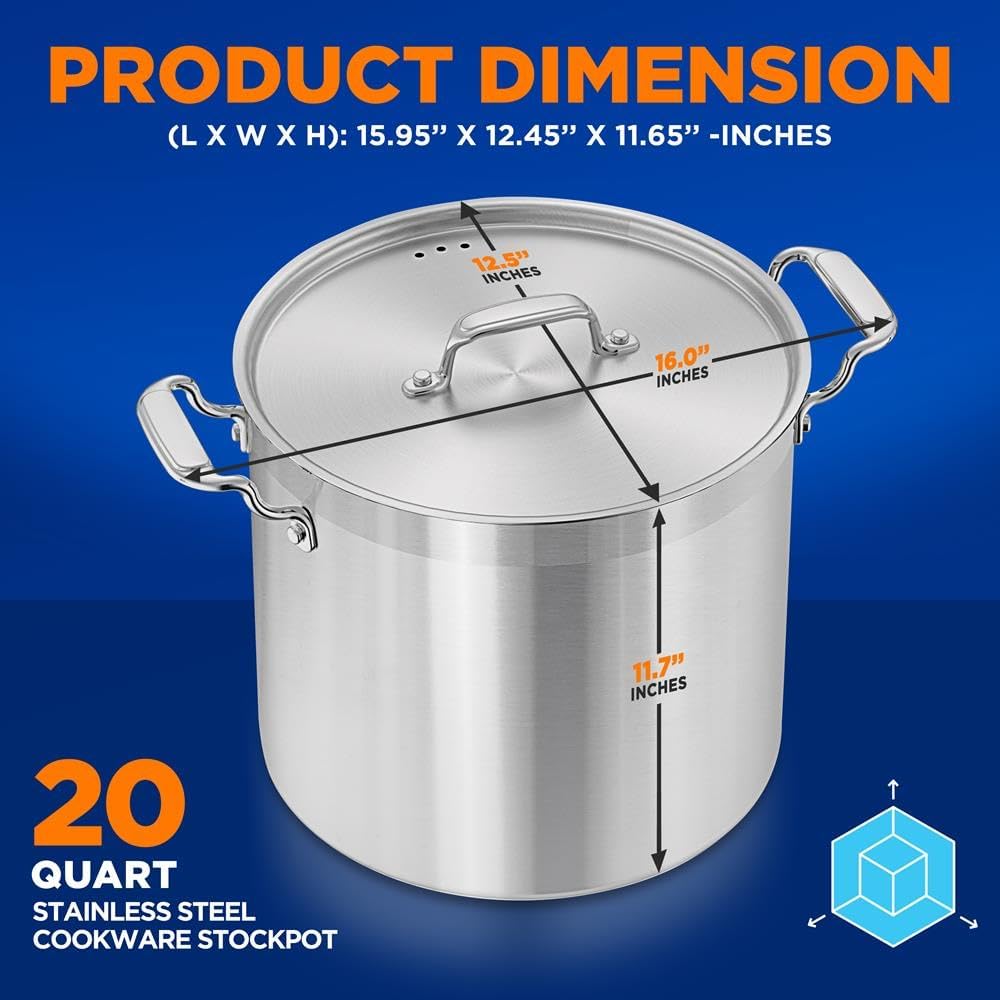 NutriChef 20 Quart Heavy-Duty Stockpot with Stainless Lid - Large Pot for Induction, Gas & Electric Cooktops, Perfect for Soups & Stews - Culinary Roots