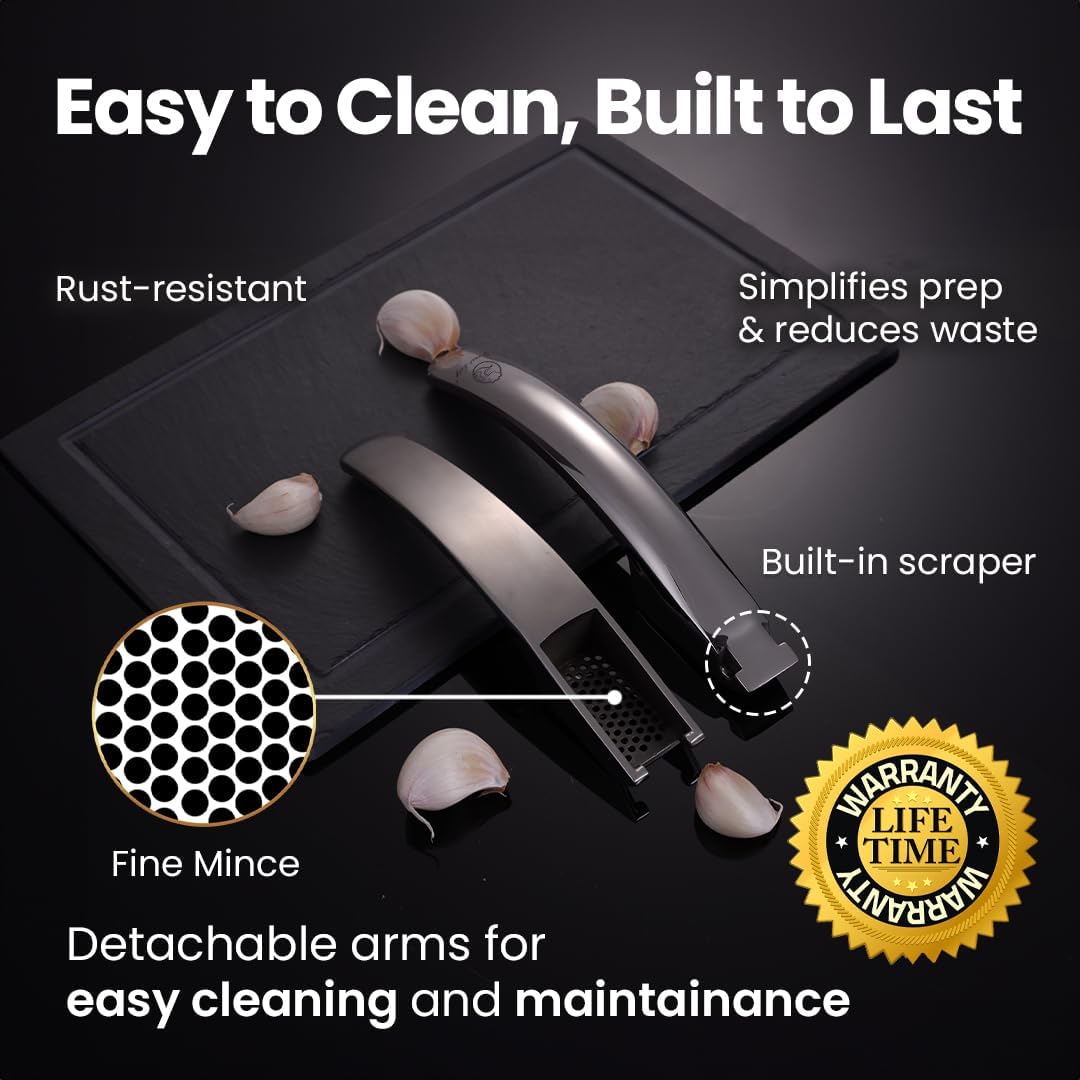 No Peeling Required Garlic Press Stainless Steel with Detachable Handle for Fine Mincing-Premium Garlic Mincer Tool, Rust-Proof, Easy to Clean, Dishwasher Safe Garlic Crusher with Lifetime Replacement - Culinary Roots