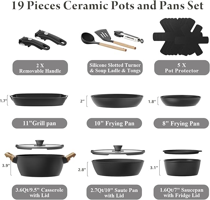 19 Pcs Pots and Pans Set Non Stick Ceramic Cookware Set with Removable Handles, Non Toxic Induction Kitchen Cookware Sets RV Cookware,Dishwasher/Oven Safe PFAS/PTFE/PFOA Free,Black