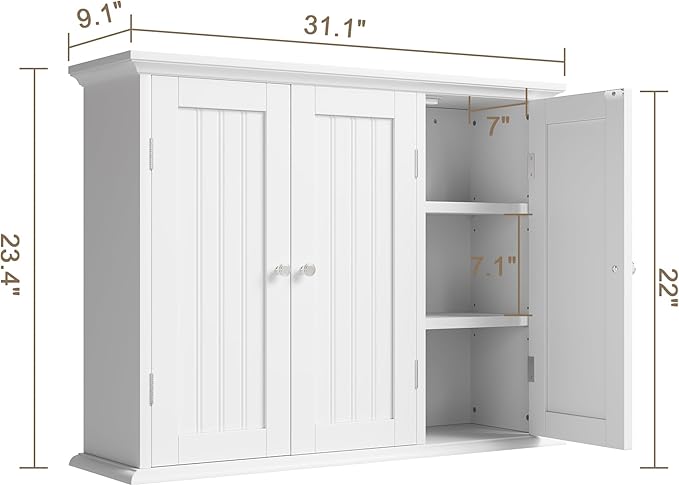 ChooChoo Bathroom Wall Cabinet with 3 Doors, Laundry Cabinet Wall Mounted, Medicine Cabinet with Adjustable Shelves, Hanging Kitchen Cupboard Organizer, White