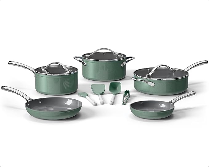 Bakken 12-Piece Aluminum Cookware Set with Ceramic Nonstick Coating, PTFE & PFAS Free, All Stovetop Safe Up To 500°F, Pots and Pans Set with Lids, Silicone Utensils Included, Dishwasher Safe, Green