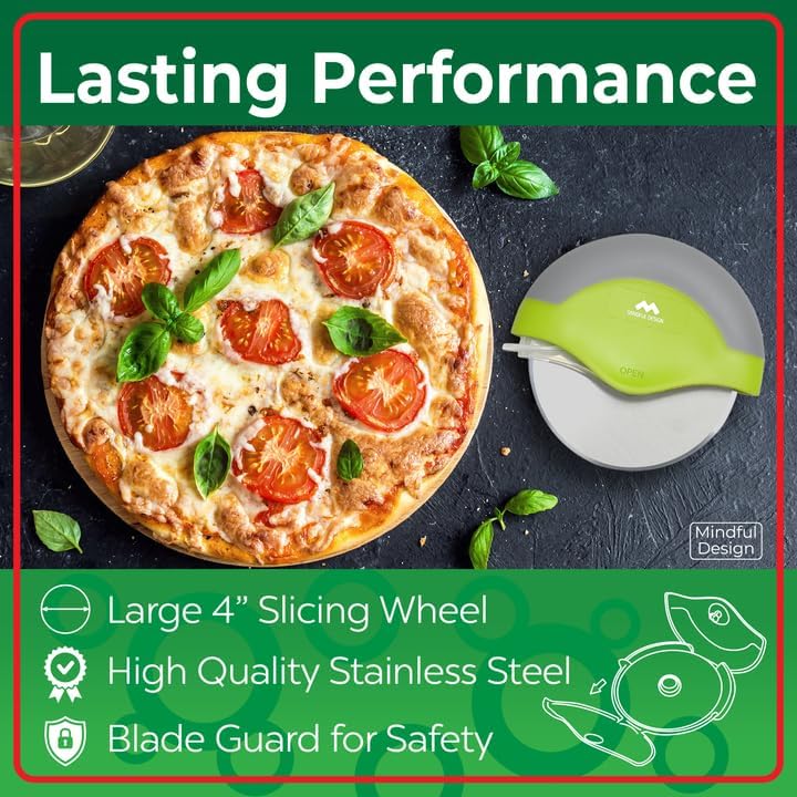Mindful Design Pizza Cutter Wheel with Protective Blade Cover, Easy to Clean and Dishwasher Safe Ergonomic Pizza Slicer (Green) - Culinary Roots