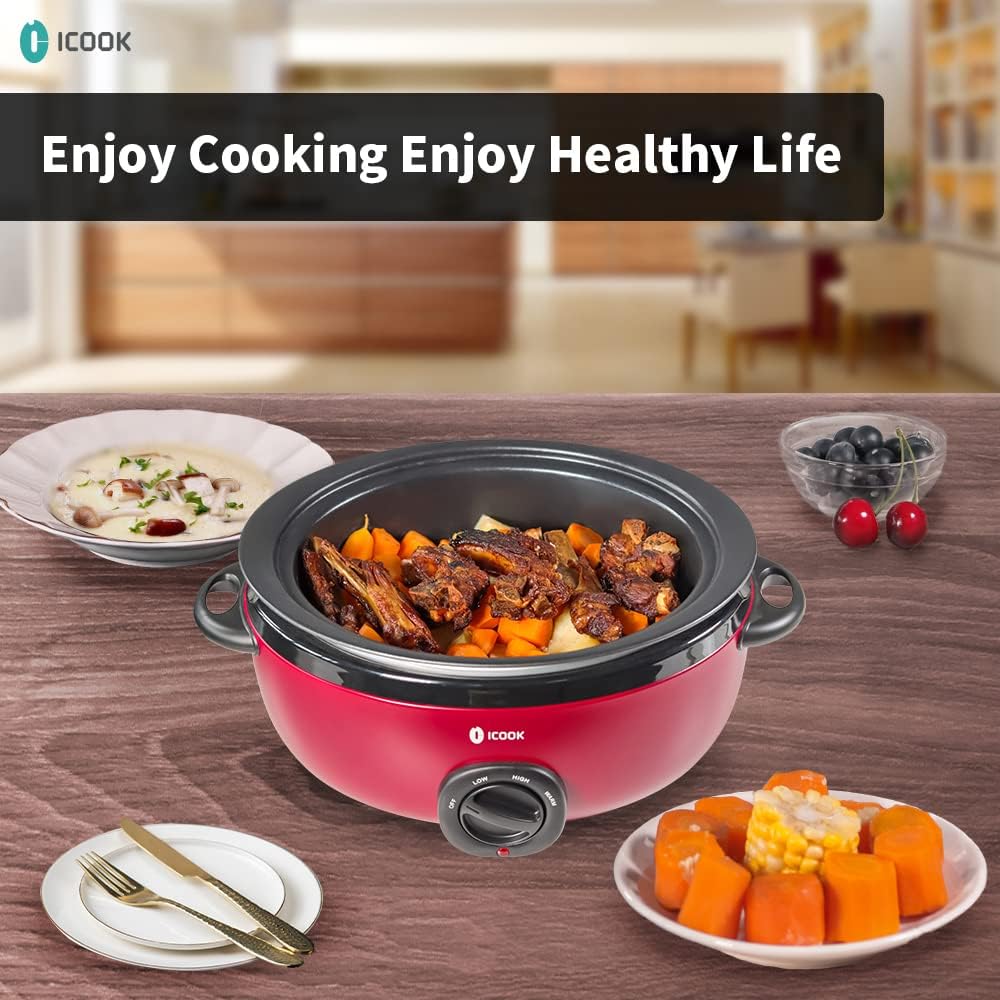 ICOOK USC-65-OP001RD 6.5 Quart Slow Cooker,Aluminium Sear/Sauté Stew Pot Stovetop safe,Dishwasher Safe,Glass Lid,Adjustable Temp,Food Warmer(Red) - Culinary Roots