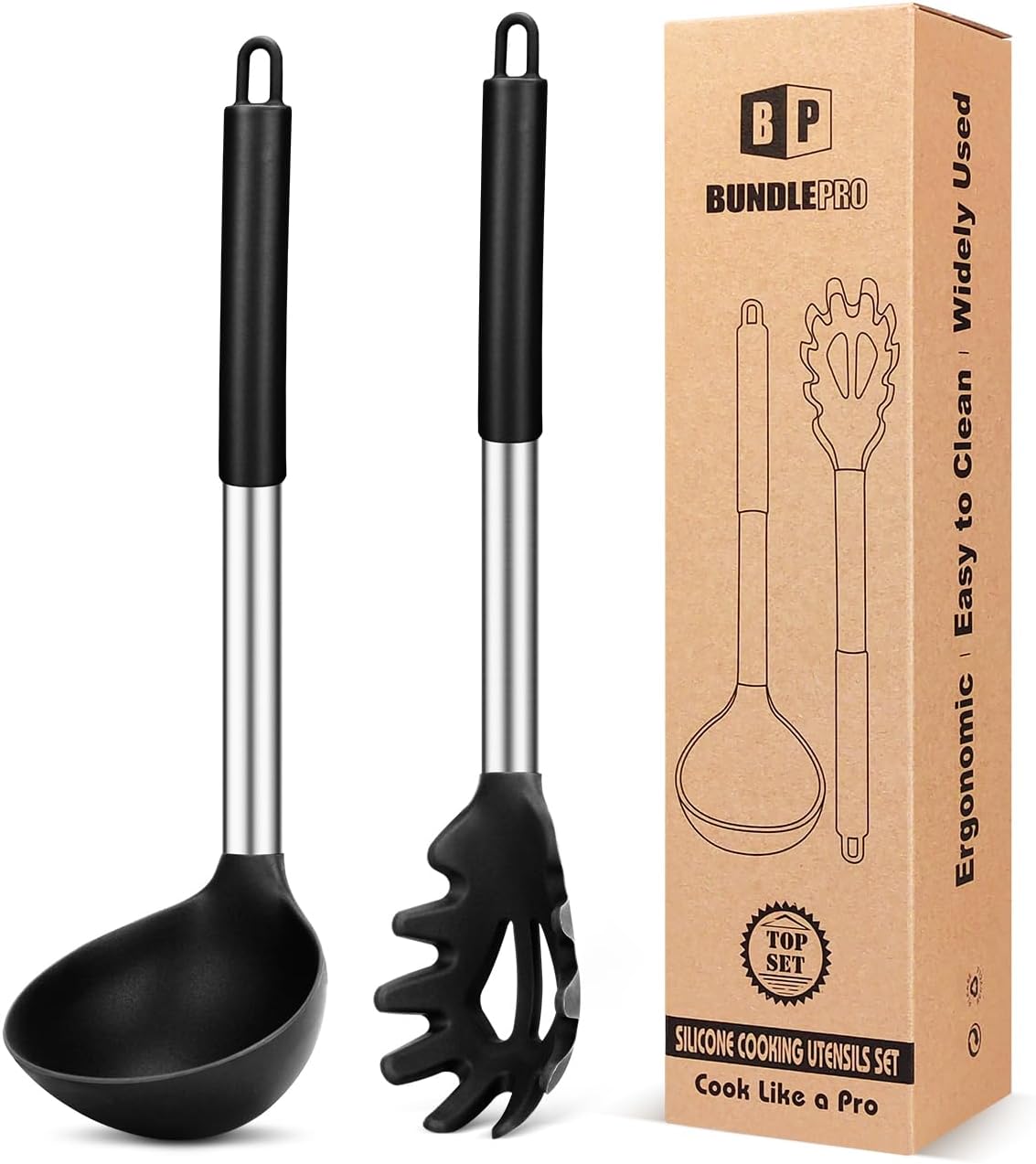 Silicone Pasta Fork and Ladle Spoon Set, Large Non Stick Kitchen Utensils for Cooking,Stirring,Serving Spaghetti, Soup, Sauce (BLACK) - Culinary Roots