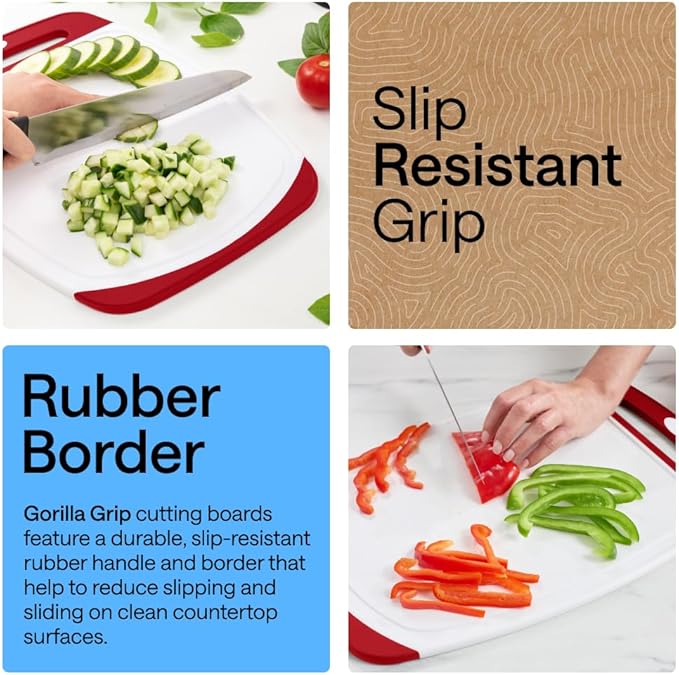 GORILLA GRIP BPA-Free Reversible Kitchen Cutting Board Set of 3, US Designed, Nonporous, Juice Grooves Catch Liquid, Slip Resistant Border, Dishwasher Safe, Durable Large Food Chopping Boards, Red