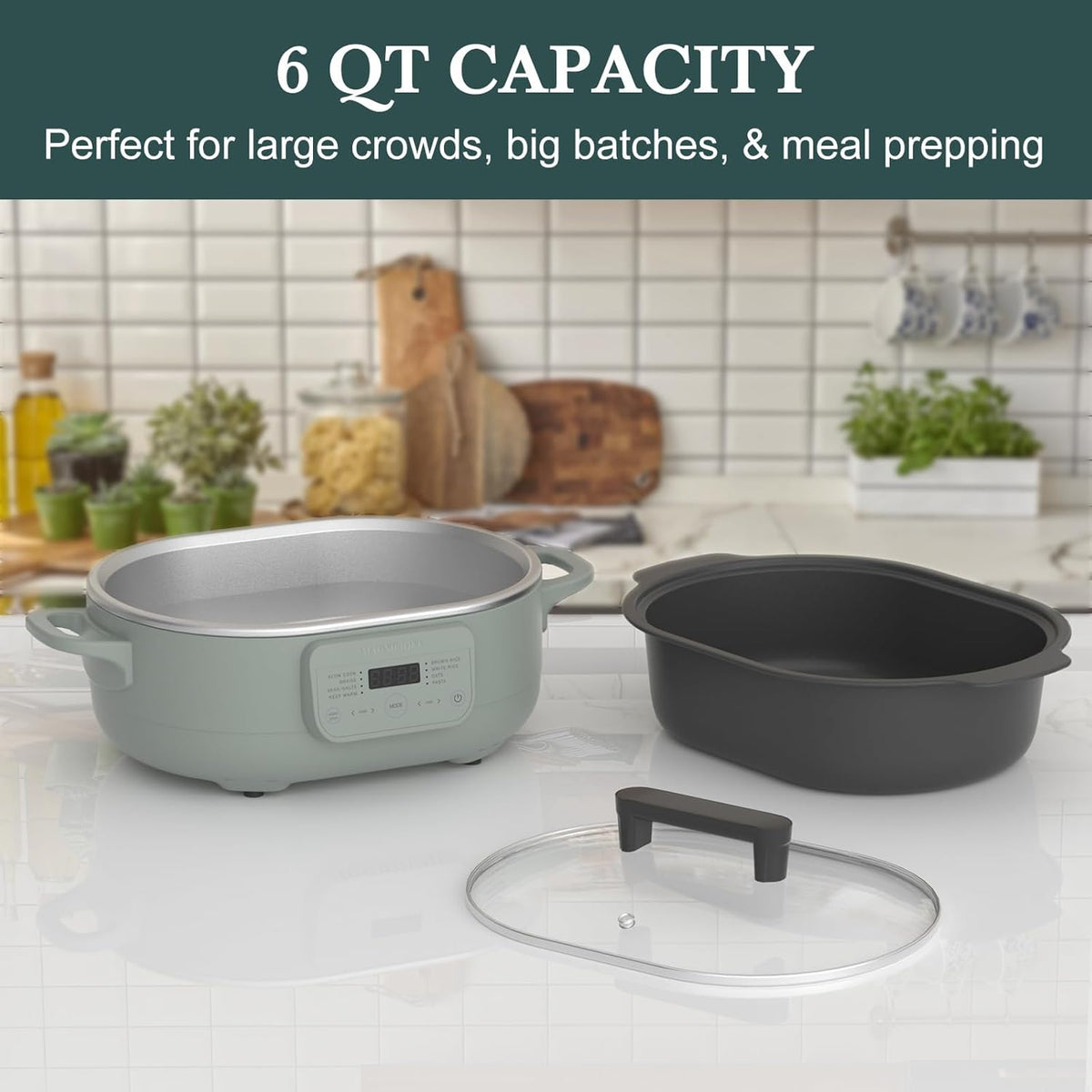 6 Quart Slow Cooker, with 8-in-1 Multi-Cooker, Casserole Programmable crock pot, Dutch Oven, Pasta, Nonstick, Oven Safe Pot to 500°F, Olive - Culinary Roots