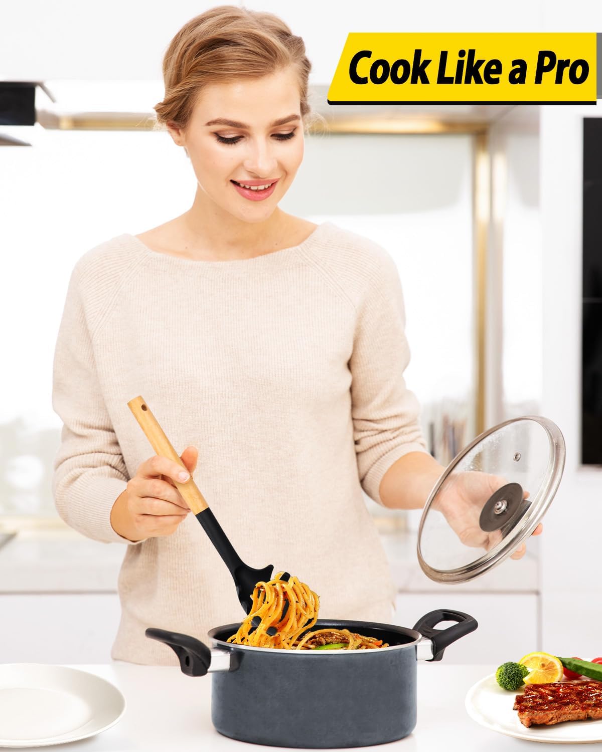 Pack of 2 Spaghetti Spoon, Silicone Pasta Fork with Wooden Handle, Heat Resistant Noodle Spoon Server, BPA Free Spaghetti Strainer(BLACK-KHAKI) - Culinary Roots
