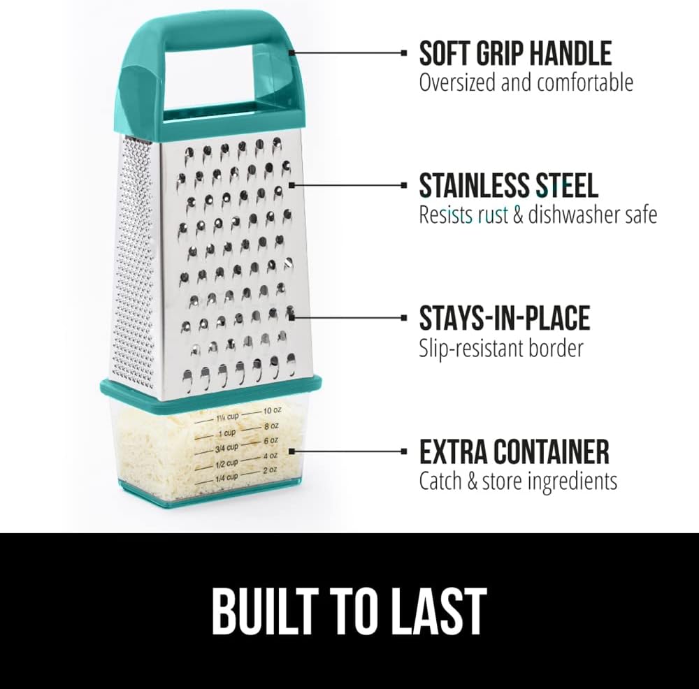 GORILLA GRIP 4-Sided 100% BPA-Free Cheese Grater With Container, Stainless Steel Box Graters, Parmesan Shredder, Grate Cheeses, Shred Veggies, Slip Resistant Handle, Dishwasher Safe Zester, Turquoise - Culinary Roots