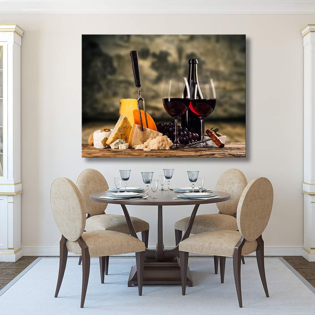 Looife Kitchen Still Life Canvas Wall Art 32x24 Inch Gallery Wrapped Red Wine with Cheese Picture Prints Wall Decor Food Art Deco for Dining Room and Bar Decoration
