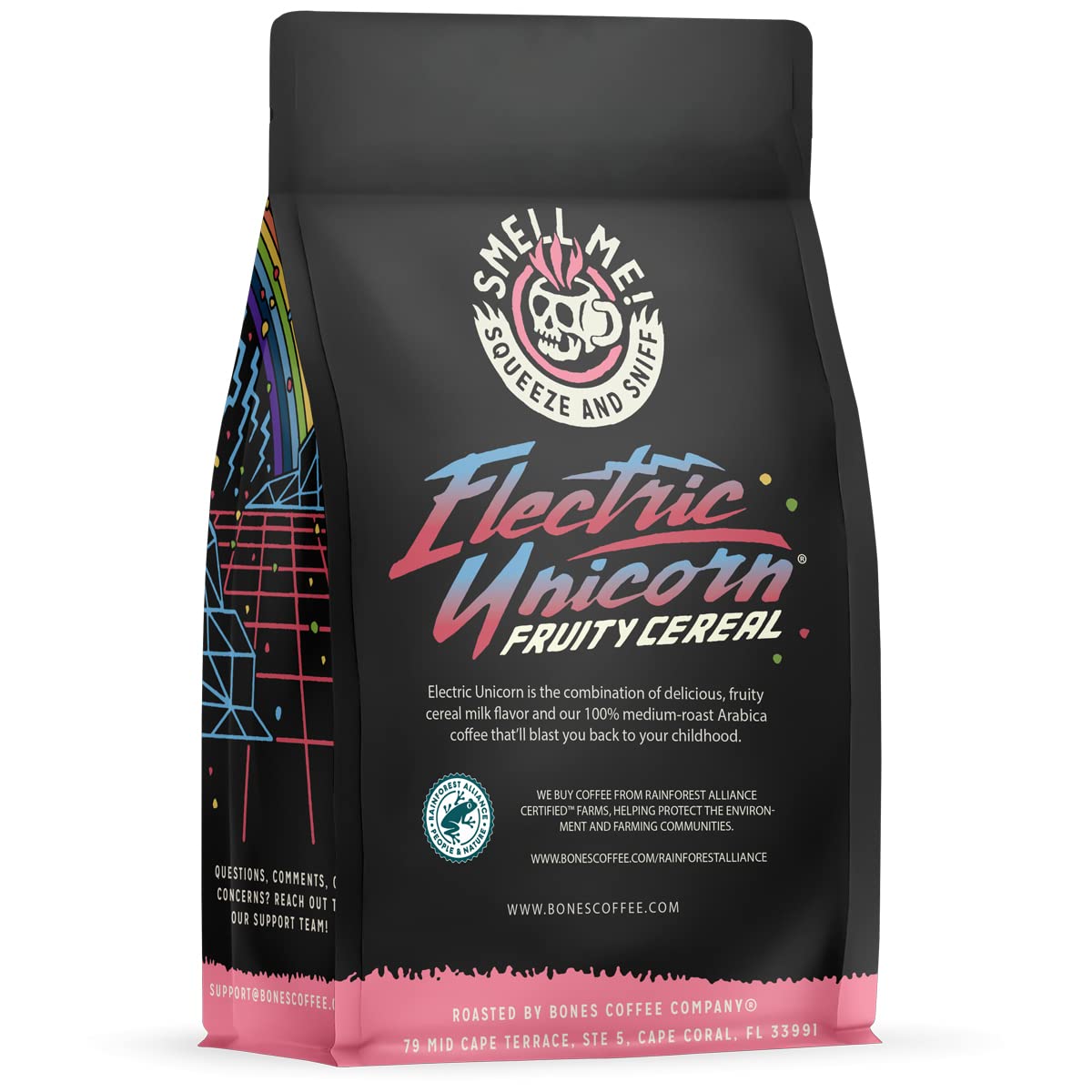 Bones Coffee Company Electric Unicorn, Fruity Cereal With Milk Flavored Coffee, Medium Roast Low Acid Arabica Beans Compatible with Auto drip and French Press Coffee Maker, 12 Oz Ground