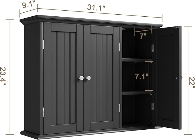 ChooChoo Bathroom Wall Cabinet with 3 Doors, Laundry Cabinet Wall Mounted, Medicine Cabinet with Adjustable Shelves, Hanging Kitchen Cupboard Organizer, Black