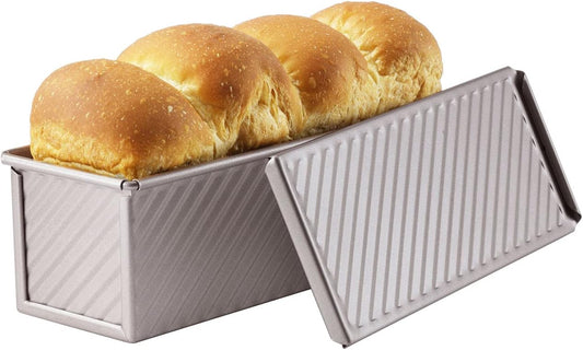 CHEFMADE Mini Pullman Loaf Pan with Lid, 0.66Lb Dough Capacity Non-Stick Rectangle Corrugated Toast Box for Oven Baking 2.8" x 8.1"x 2.8"(Champagne Gold) - Culinary Roots