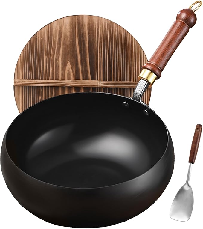 Carbon Steel Wok Pan, 9.5" Woks & Stir-Fry Pans with Wooden Lid Cookwares, Nonstick Wok Flat Bottom Small Handmade Chinese Wok For for All Stoves