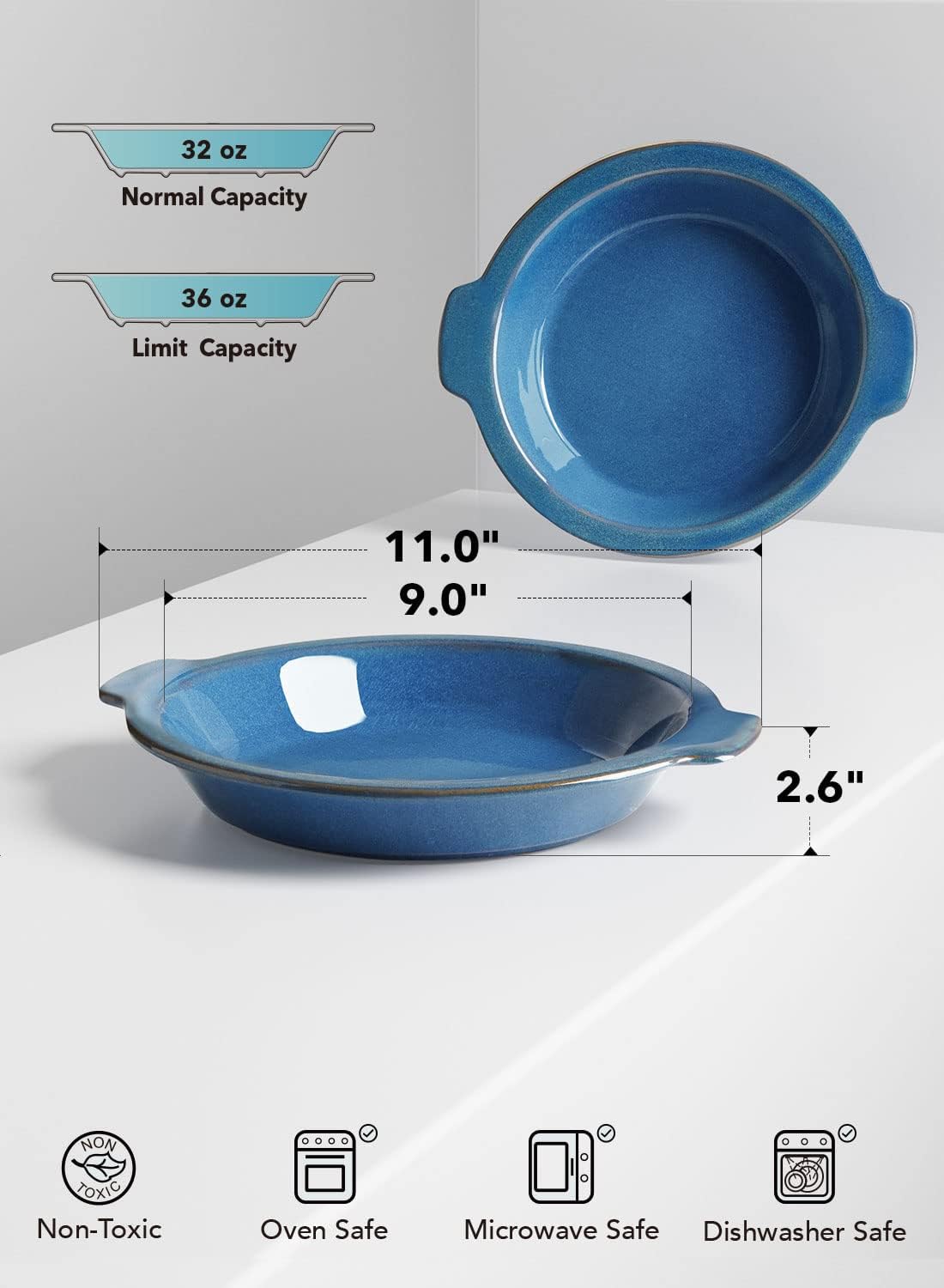 LE TAUCI Ceramic Pie Pans, 9 inch Baking Plates with Handles, Deep Pie Dish for Apple Pie, Pecan Pie, 36 Ounce - Set of 2, Ceylon Blue - Culinary Roots