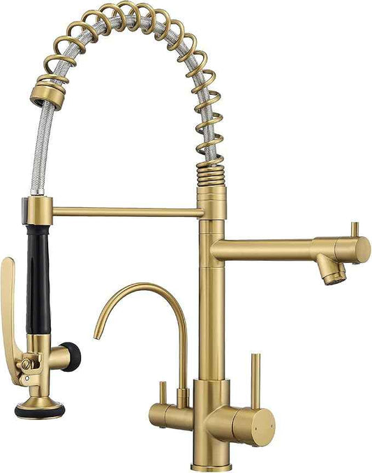 Fapully Commercial 3 Way Kitchen Faucets with Pull Down Sprayer and Water Filler,3 in 1 Kitchen Sink Faucet with Drinking Water Faucet Brushed Gold