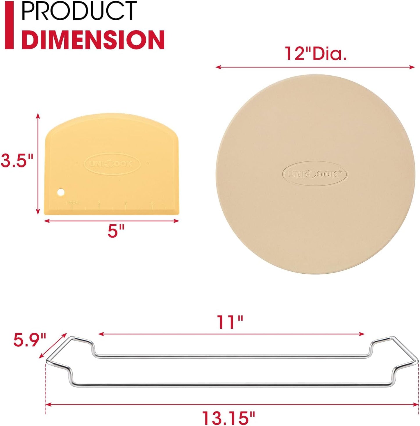 Unicook 12 Inch Round Pizza Stone for Oven and Grill, Cordierite Bread Baking Stone, Baking Crispy Pizzas, Bread and Cookies, Includes Carry Rack and Dough Scraper - Culinary Roots