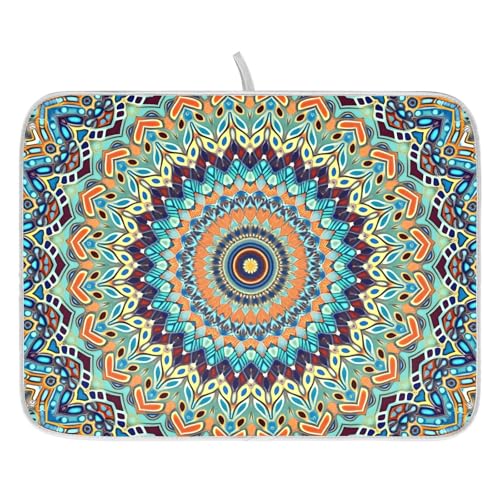 Bohemian Mandala Dish Drying Mat for Kitchen Counter Absorbent Microfiber Small Boho Ethnic Drying Pad Dish Mats for Kitchen Countertops 16 x 18 Inch