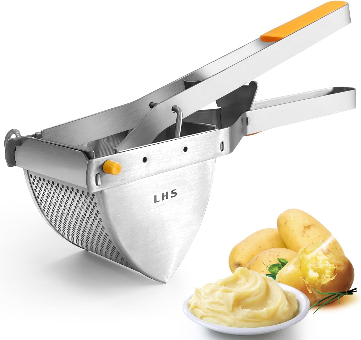 LHS Stainless Steel Potato Ricer and Masher, Heavy Duty Commercial Food Masher, Ergonomic Comfort Grip, Extra Large Capacity, Dishwasher Safe (Orange) - Culinary Roots