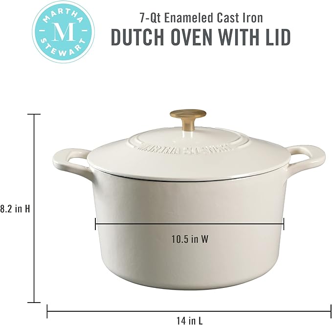MARTHA STEWART Gatwick 7-Quart Enamel Cast Iron Dutch Oven – Linen White With Gold – Heavy-Duty Dutch Oven for Slow Cooking, Braising & Baking