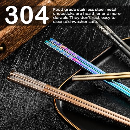 8 Pairs Metal Chopsticks Reusable Multicolor Stainless Steel Chopsticks Set Laser Engraved Non (8 Count)