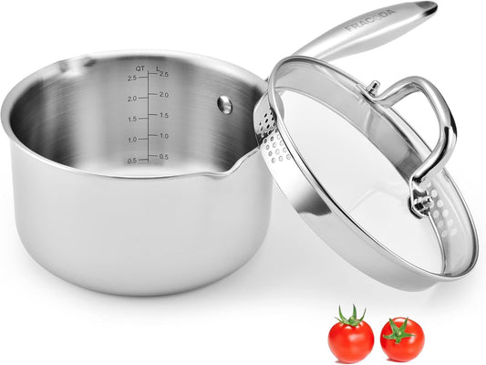 2.5 Quart Stainless Steel Pot Saucepan with Glass Strainer Lid, Sauce Pot with Two Side Spouts, Induction Cooking Pot, Multipurpose Sauce Pan with Lid for Cooking(Tri-Ply Full Body) - Culinary Roots