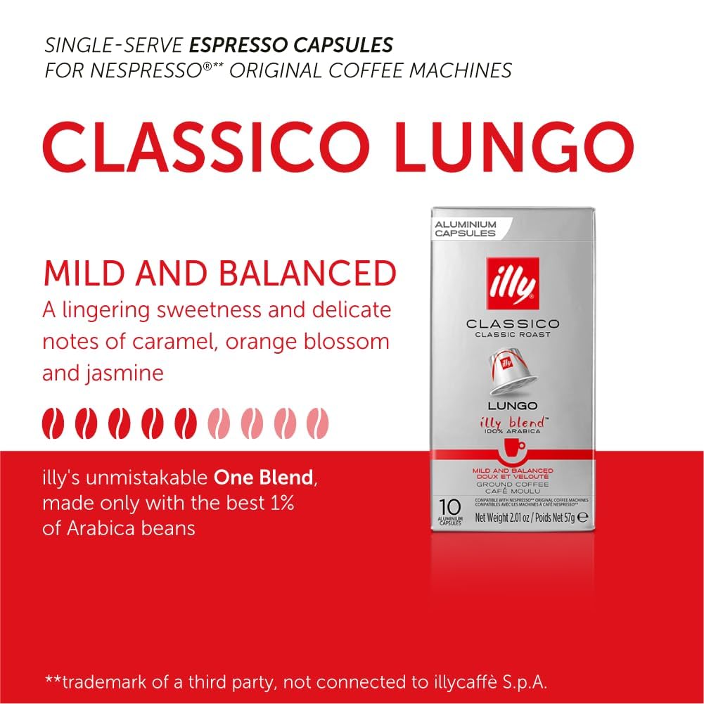 illy Aluminum Espresso Capsules - Compatible with Nespresso Machines - Classico Lungo Roast Coffee - Mild & Balanced - Notes Of Caramel, Orange Blossom & Jasmine - 10 Count (Pack of 10)