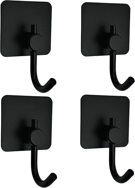 Adhesive Hooks for Hanging - 4 Pack, Towel Hooks Hanging Inside Shower, Rustproof Hooks for Walls No Damage Bathroom, Bedroom, Kitchen, Hotel, Office, Large Adhesive Hook (Black 2)